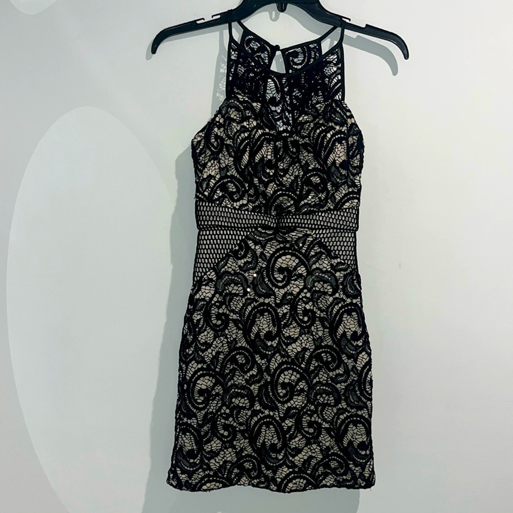 Dear Moon black tan lace sequin dress. Size 3. NWOT.